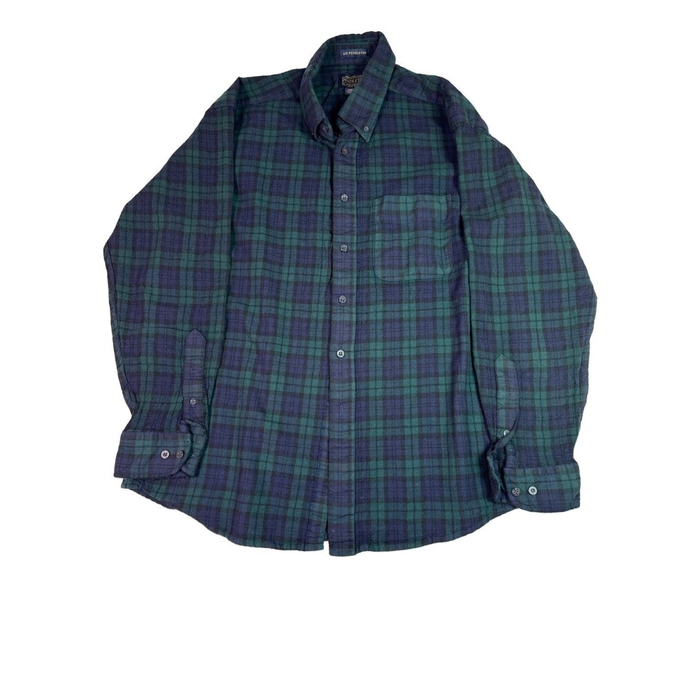 VTG Sir Pendleton Flannel Shirt Mens XL Green / Blue Plaid Virgin Wool Logo 90s